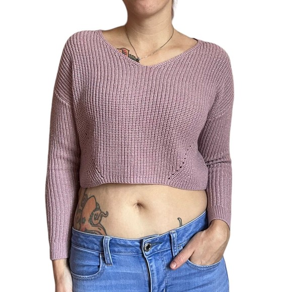 Wild Fable Cropped Sweater Purple Sparkly V-Neck Size Small S Long Sleeve Crop - Picture 5 of 10